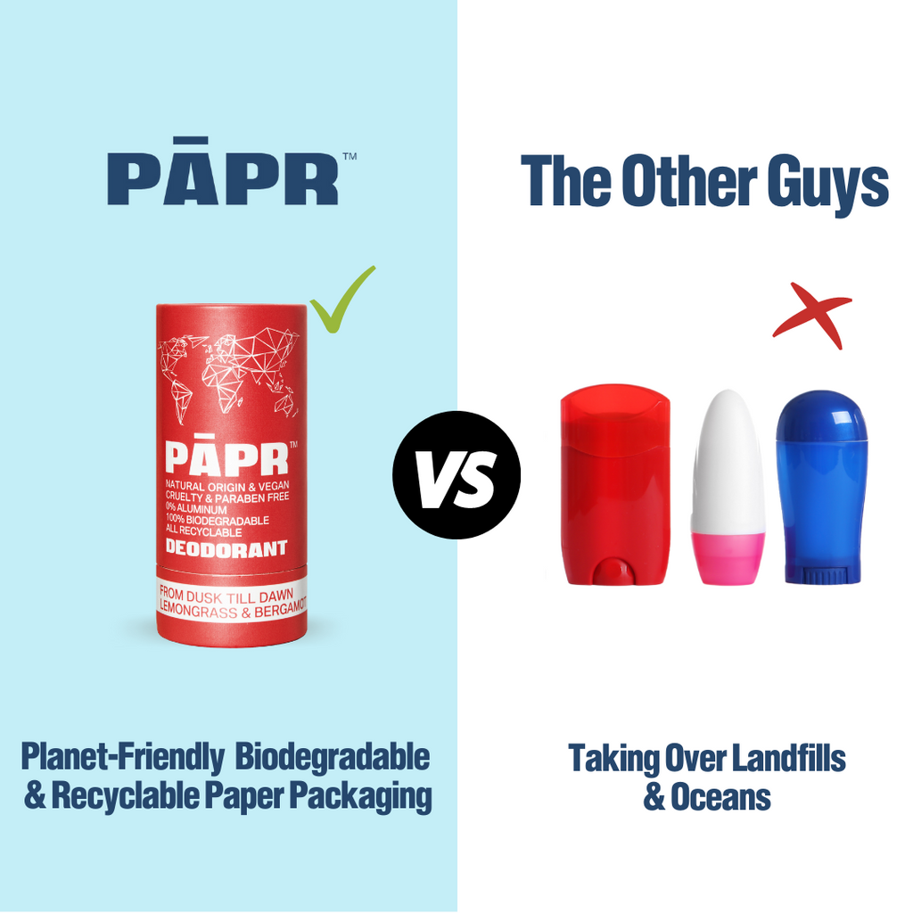 Paper Cosmetics natural deodorant in biodegradable and recyclable zero waste packaging.