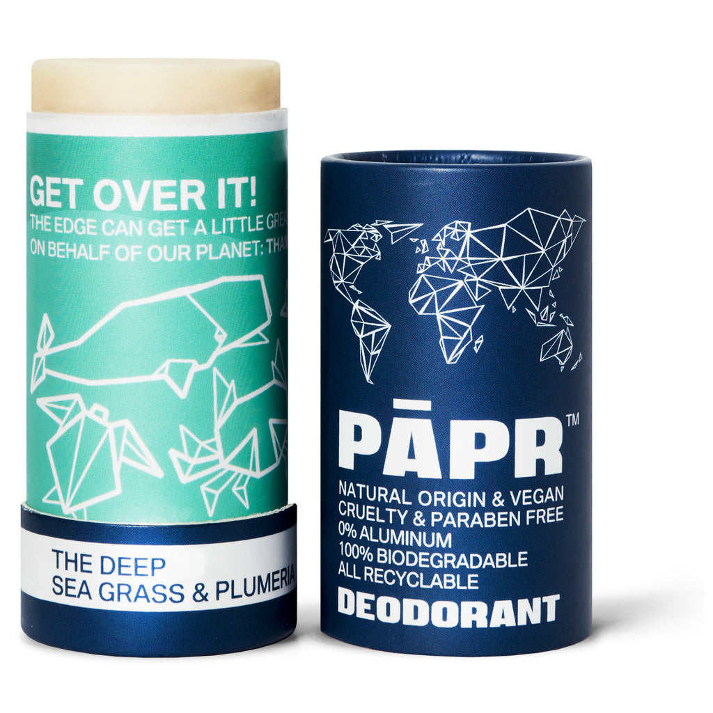 Natural Deodorant in biodegradable paper packaging. The Deep smells like salty seegr